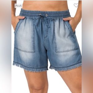 Zenana Chambray Frayed Hem Shorts Plus Elastic Drawstring Waist Pockets Nwot